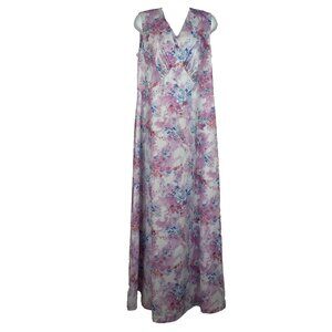Vintage 70s Maxi Hostess Dress Size M White Pink Floral Polyester Sleeveless